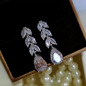 Crystal Leaf Drop Earrings 925 Silver Plated White Zircon Earrings Wedding